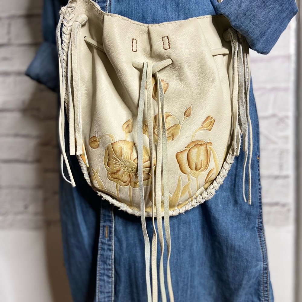 Lucky Brand Draw String Flower Embossed Leather Bag